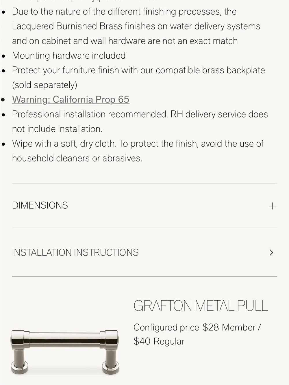 Restoration Hardware Grafton Polished Nickel Cabinet Pull Handle-6”